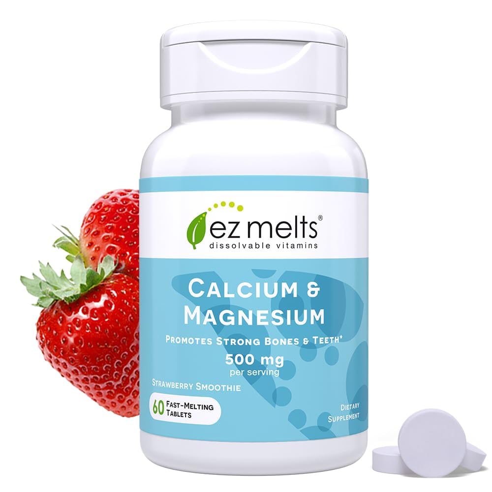 Bottle of EZ Melts Calcium & Magnesium dissolvable tablets with Strawberry Smoothie flavor
