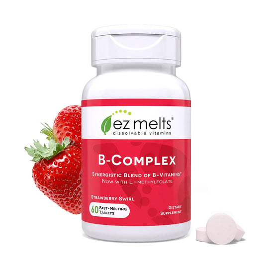 EZ Melts Dissolvable B-Complex strawberry swirl front view with 60 tablets