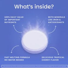 Nutrition facts style graphic showing vitamins A, C, D3, E, zinc and B-complex