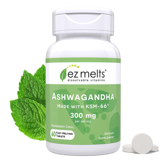 EZ Melts KSM-66 Ashwagandha dissolvable peppermint flavor tablet close-up