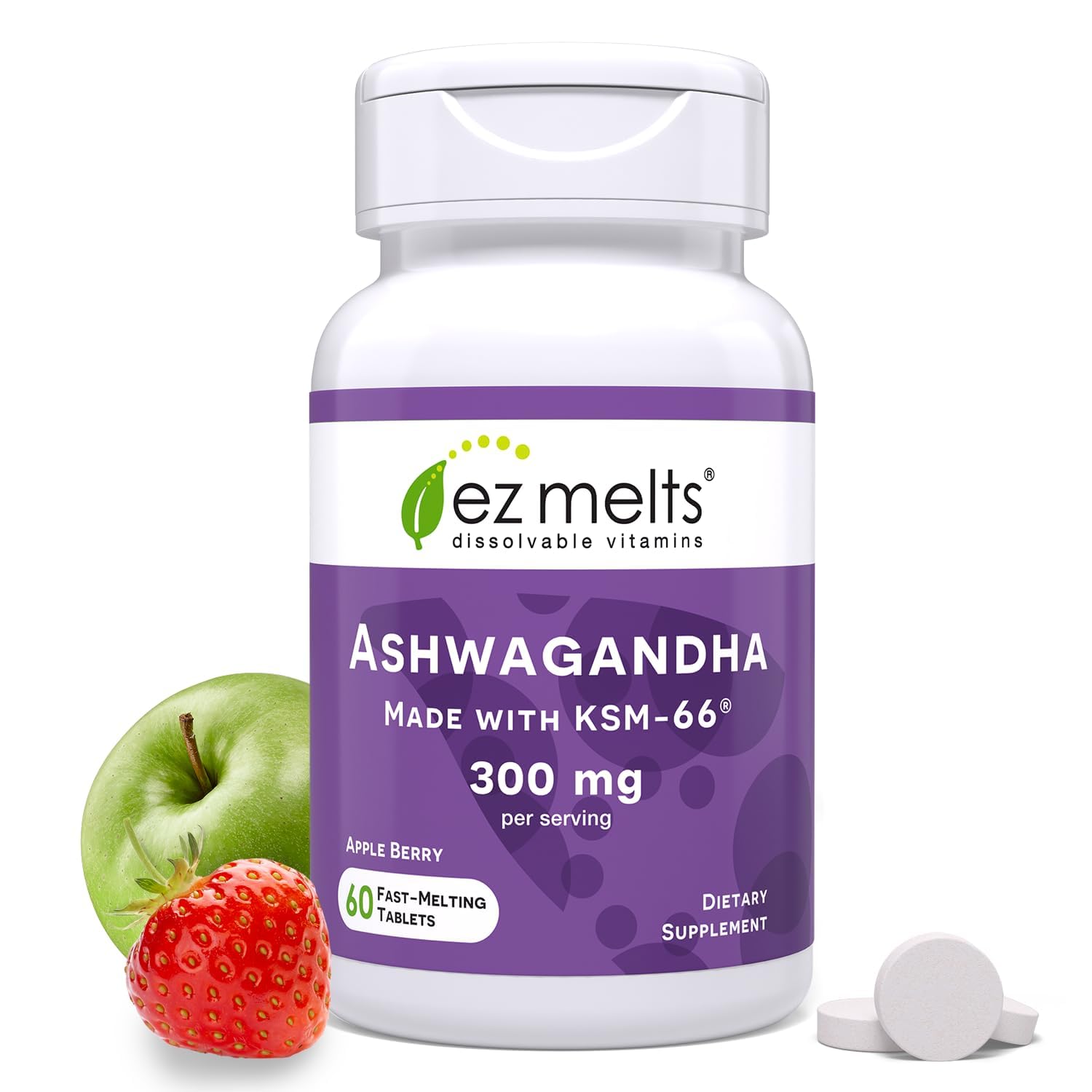 EZ Melts KSM-66 Ashwagandha 300 mg Apple Berry flavor bottle and tablets