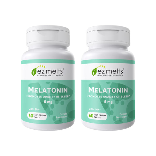 EZ Melts dissolvable melatonin 5 mg cool mint flavor packaging and 2 pack box