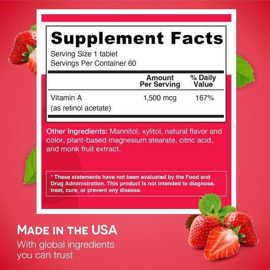 Dissolving Vitamin A tablet dissolving on tongue with strawberry flavor