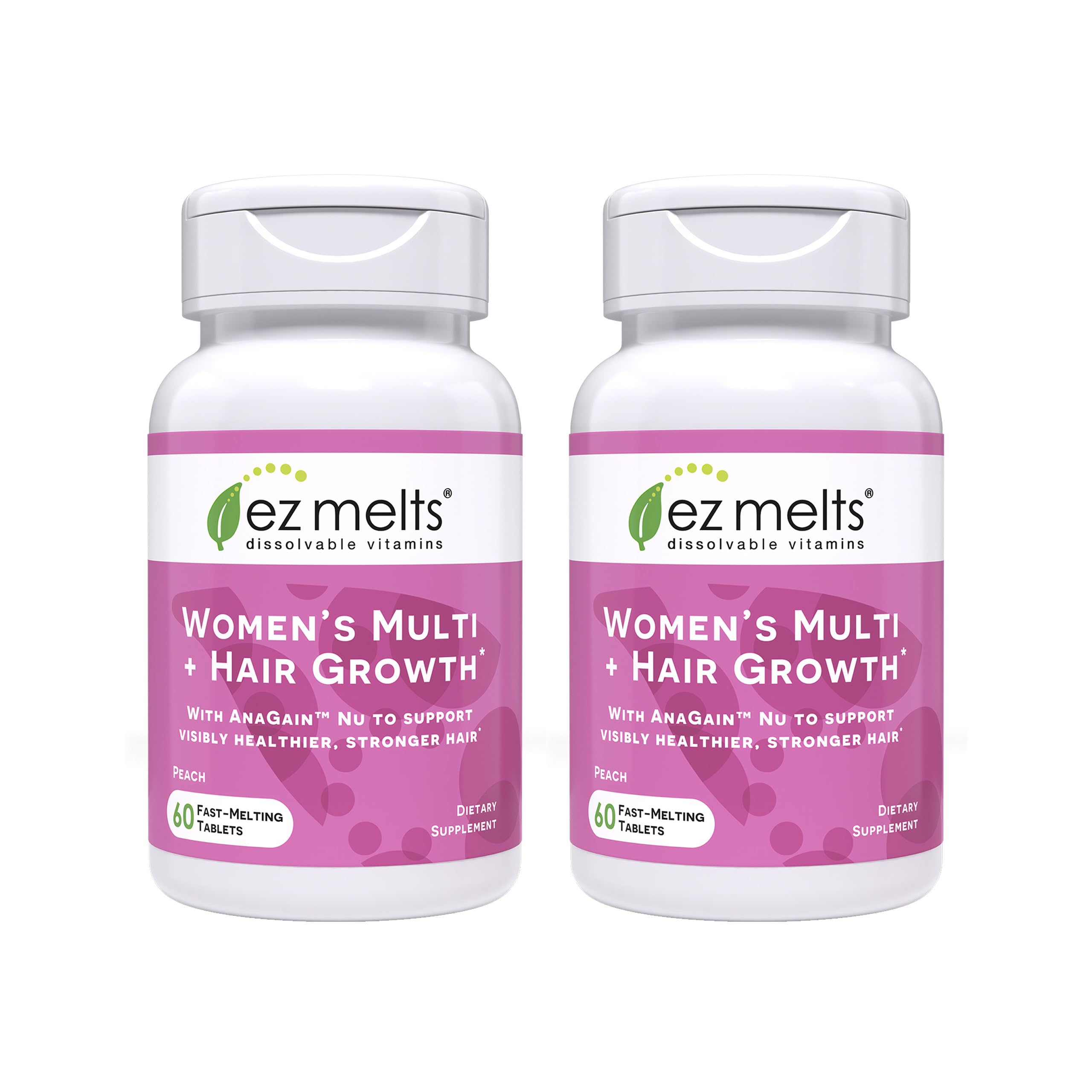 EZ Melts Women's Multi Growth bottle front showing peach flavor and energy support