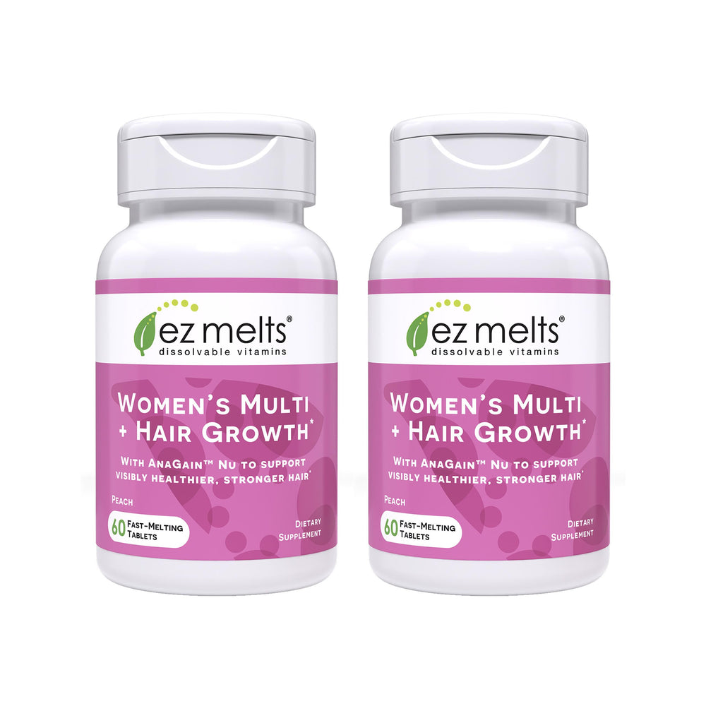 EZ Melts Women's Multi Growth bottle front showing peach flavor and energy support