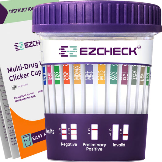 Front view of EZCHECK 14-panel urine test cup