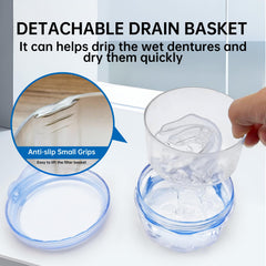 BPA-free, food-grade plastic denture case with strainer basket