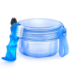 Front view of EZEELAI No-Leak Denture Case in transparent blue