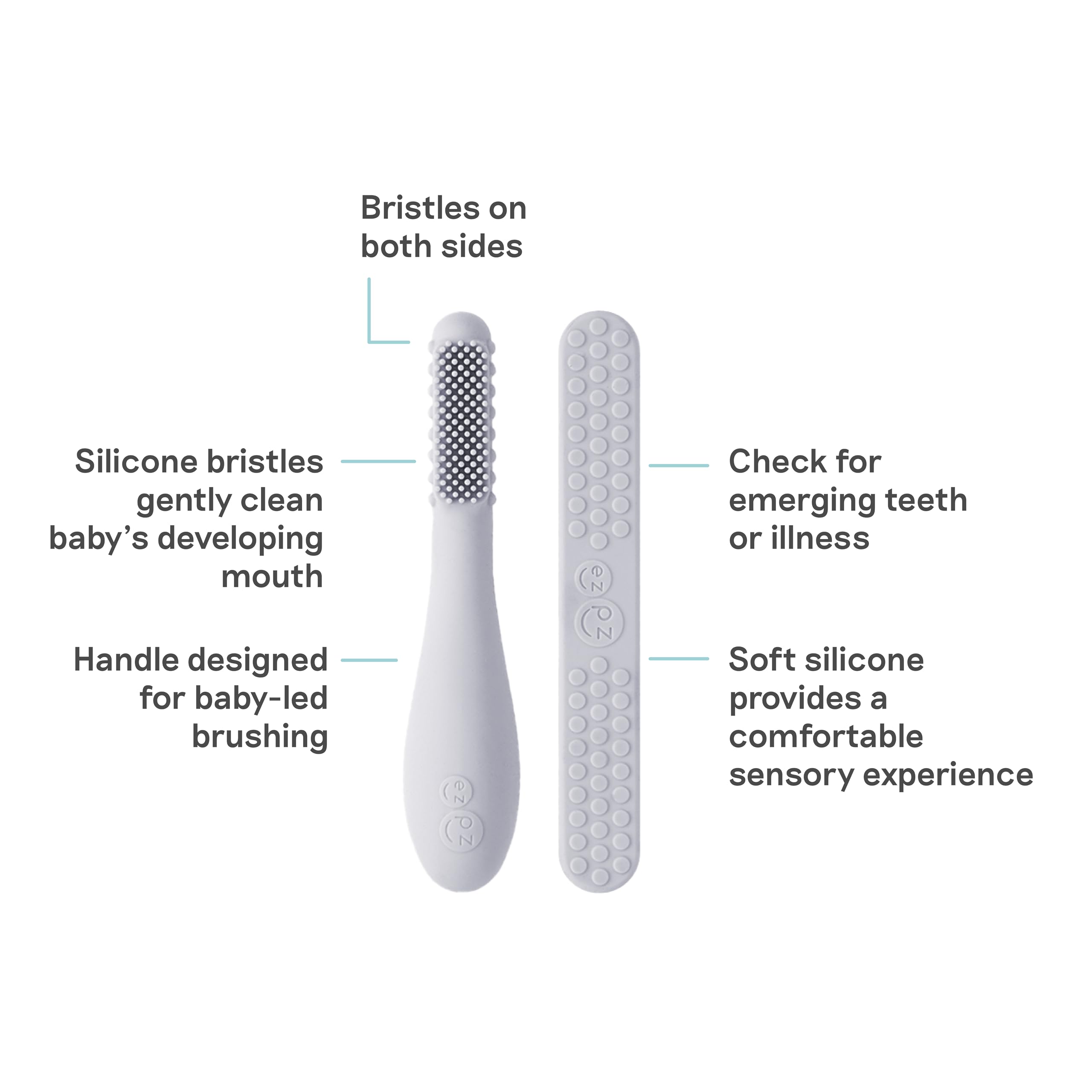 Angle view of ezpz Pewter Baby-Led Toothbrush