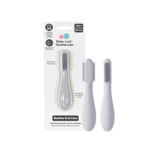 Front angled view of ezpz Baby-Led Toothbrush Pewter