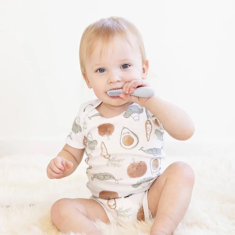 Close-up of sensory bumps on ezpz Baby-Led Toothbrush Pewter