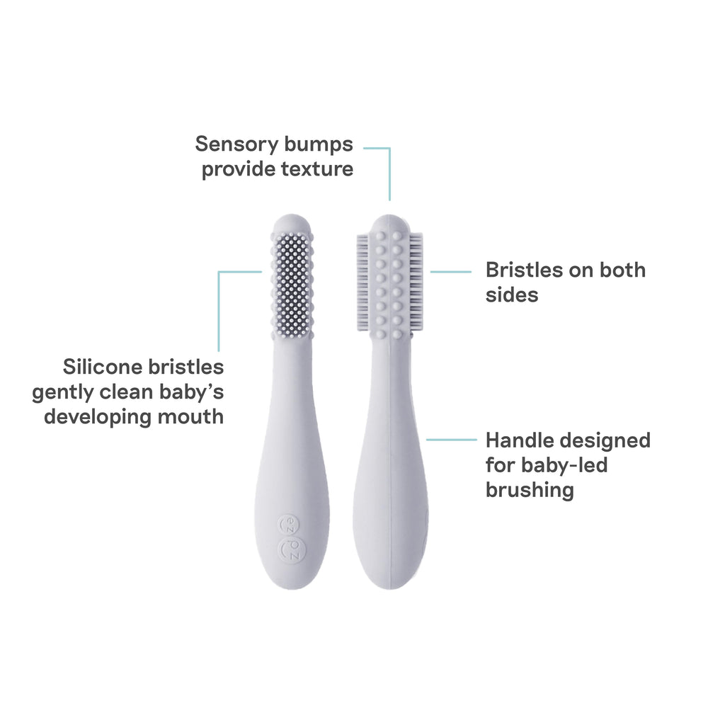 Side view of ezpz Baby-Led Toothbrush Pewter