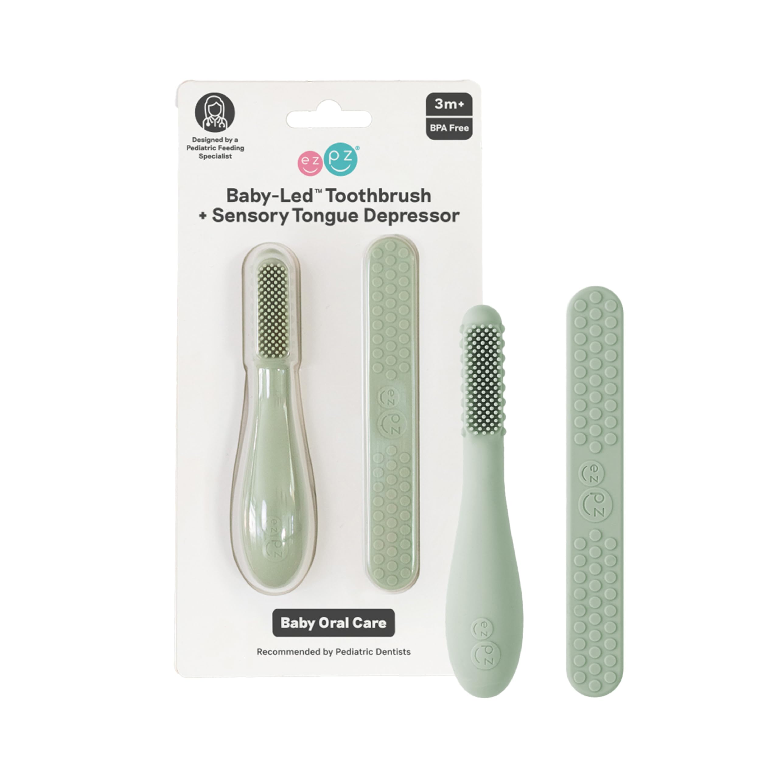 ezpz Baby-Led Toothbrush and Tongue Depressor Dual Pack Sage - front view