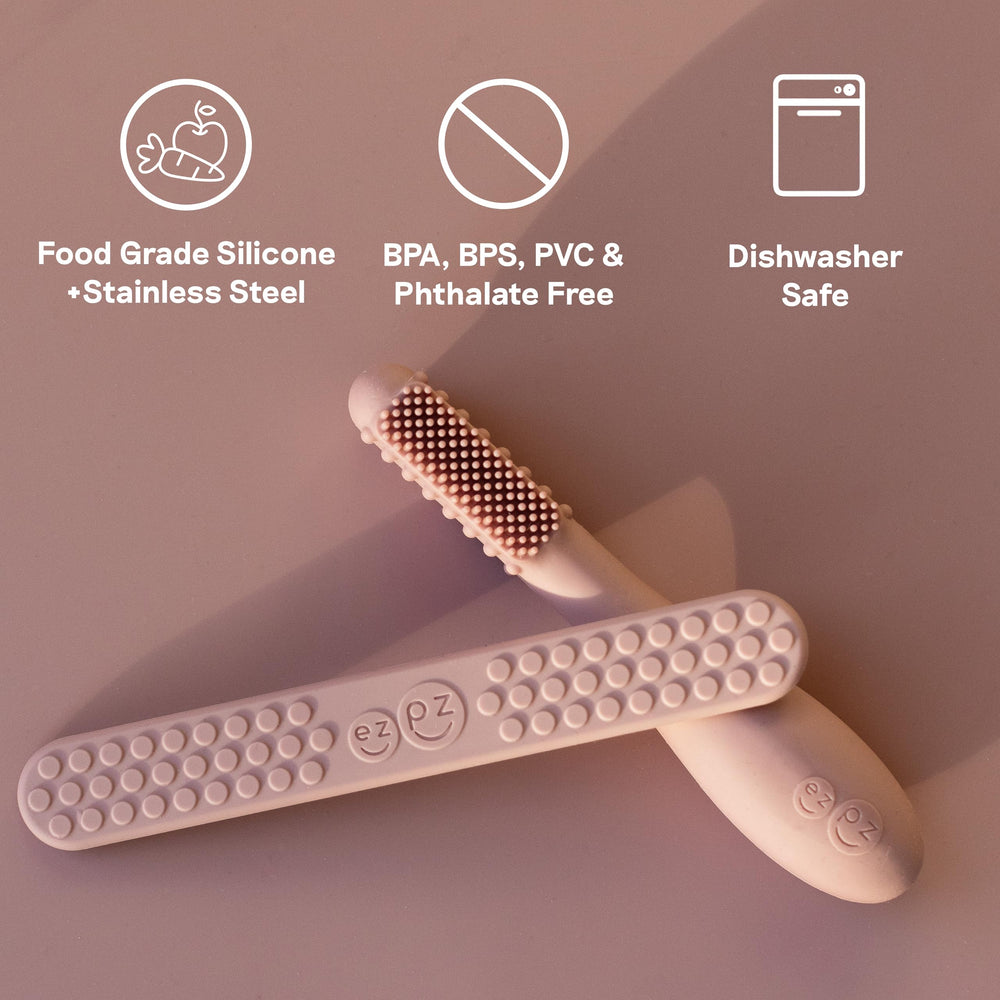 Dishwasher-safe ezpz toothbrush and tongue depressor set