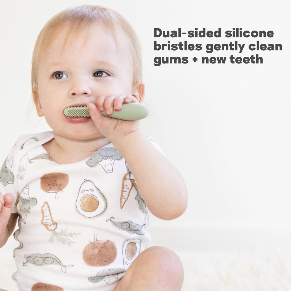Pewter dual-pack packaging for ezpz Baby-Led Toothbrush and Tongue Depressor