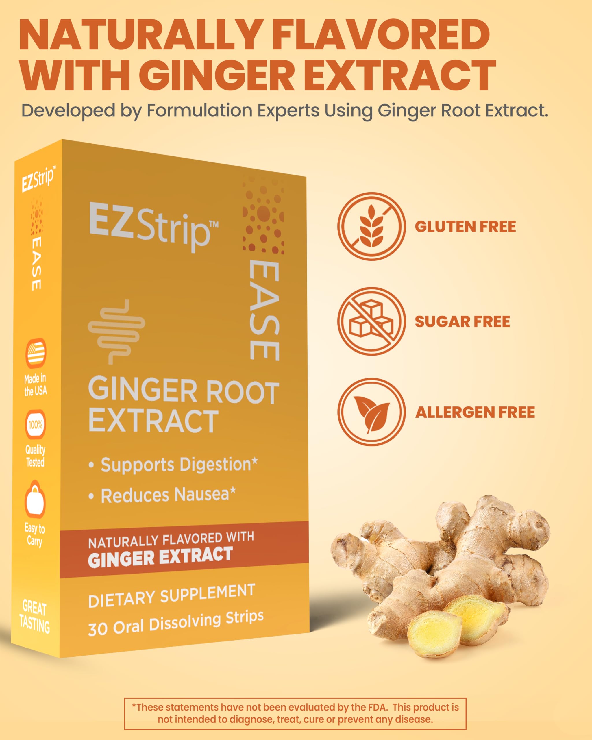 Ginger flavor EZStrip dissolving strips on white background