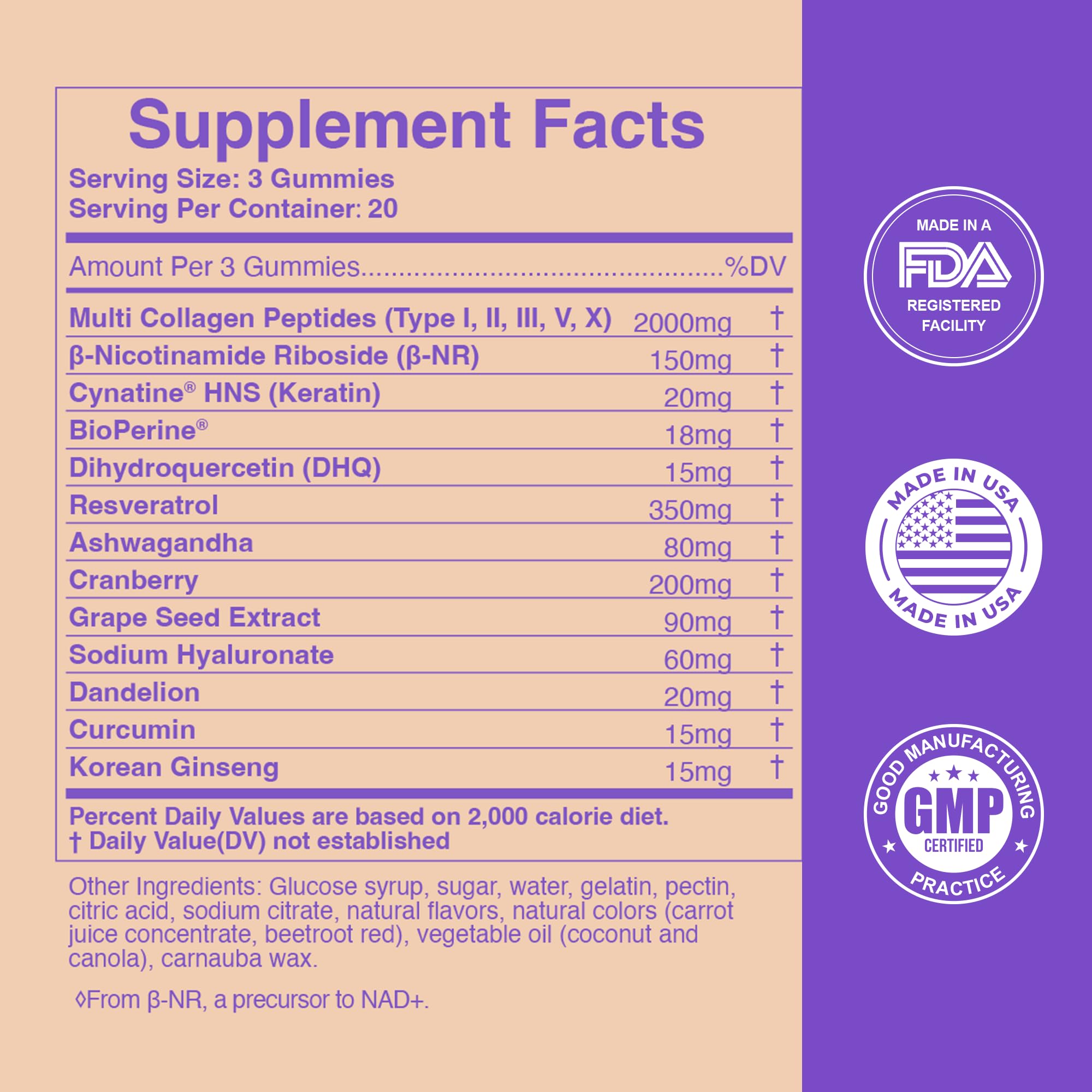 Ingredient panel showing multi-collagen, resveratrol, ashwagandha, and BioPerine