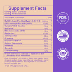 Ingredient panel showing multi-collagen, resveratrol, ashwagandha, and BioPerine