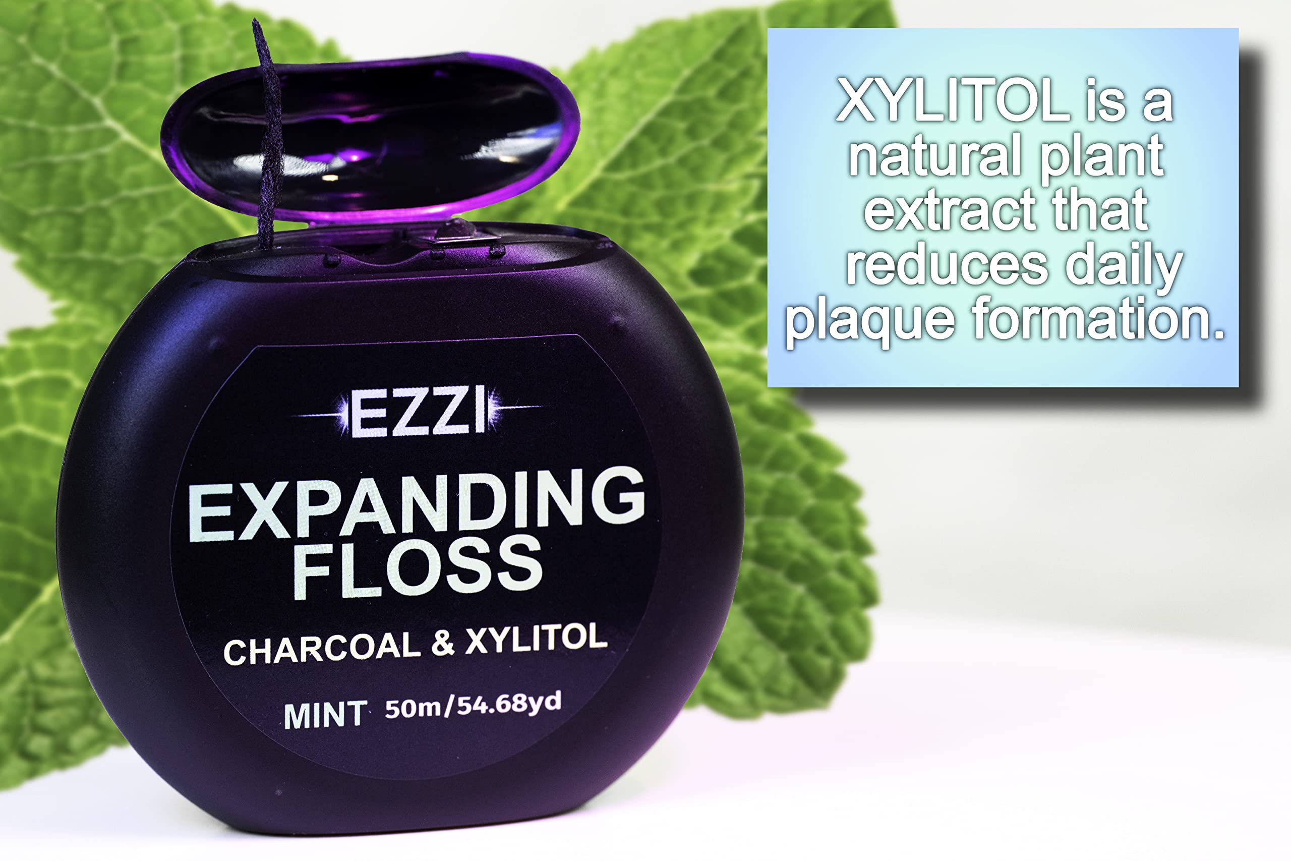 EZZI floss expanding fibers tightening through teeth