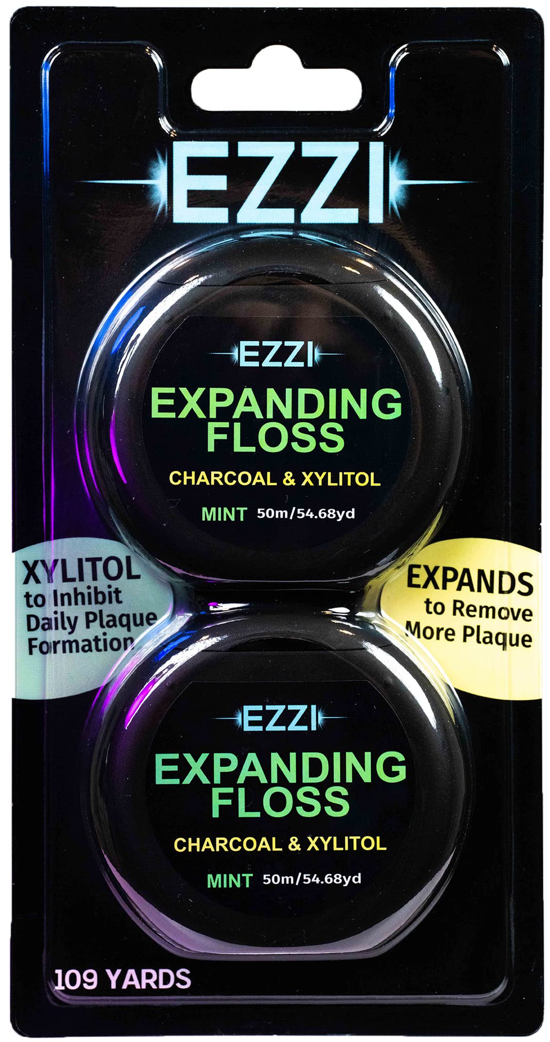 EZZI woven expanding dental floss mint with charcoal and xylitol packaging