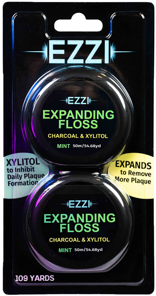 EZZI woven expanding dental floss mint with charcoal and xylitol packaging