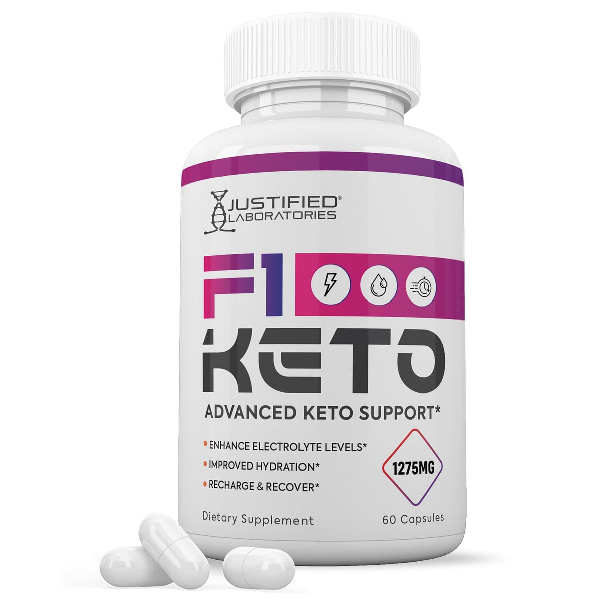 Justified Laboratories F1 Keto Pills bottle and label showing 1275MG formula