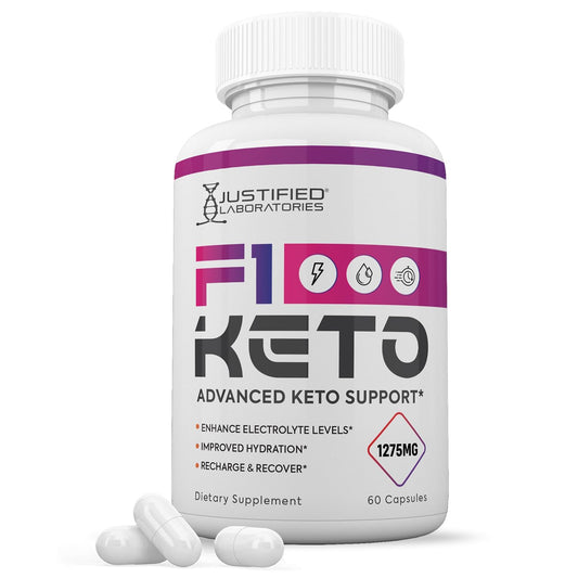 Justified Laboratories F1 Keto Pills bottle and label showing 1275MG formula