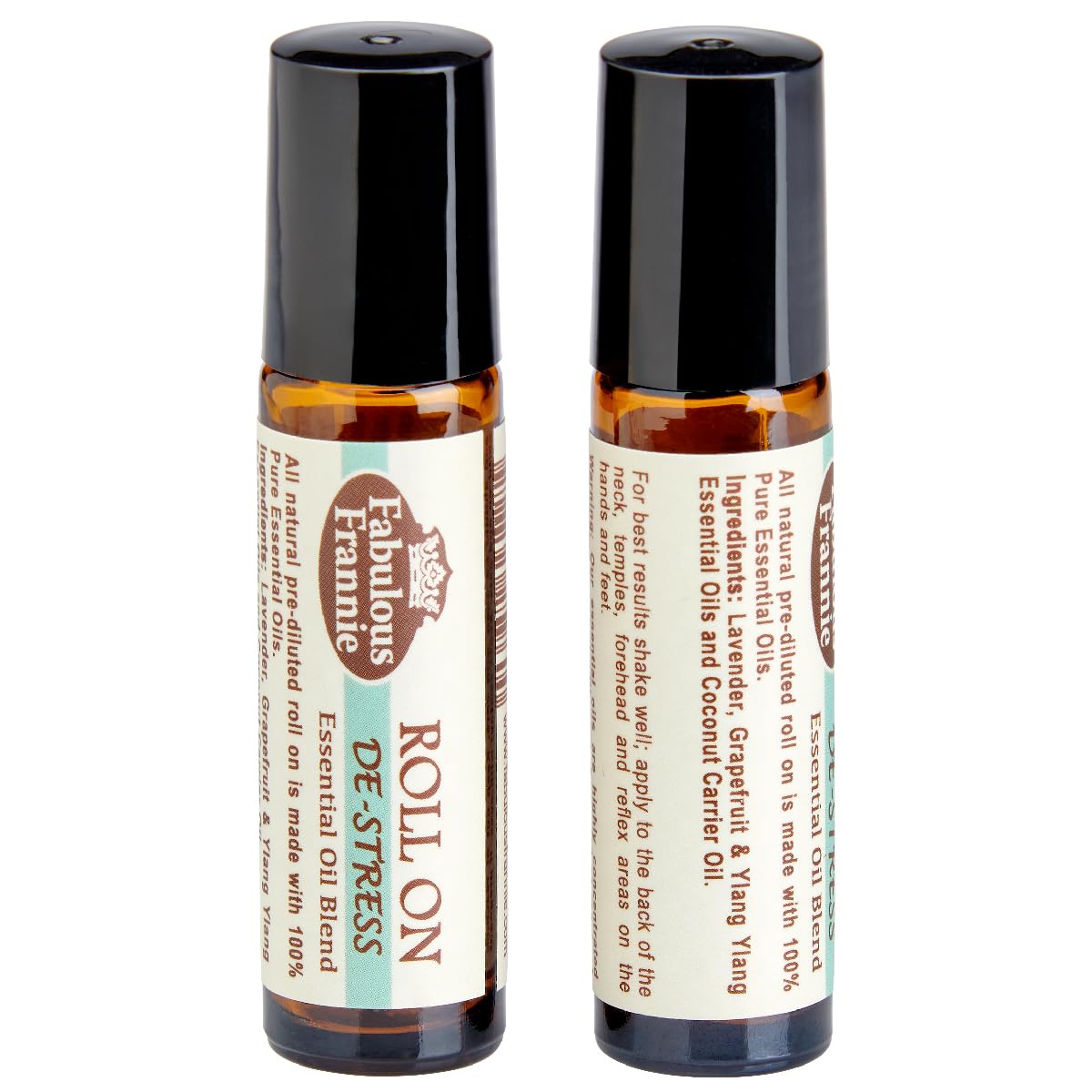 Amber glass roll-on bottle of Fabulous Frannie De-Stress blend with pre-diluted essential oils