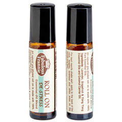 Amber glass roll-on bottle of Fabulous Frannie De-Stress blend with pre-diluted essential oils