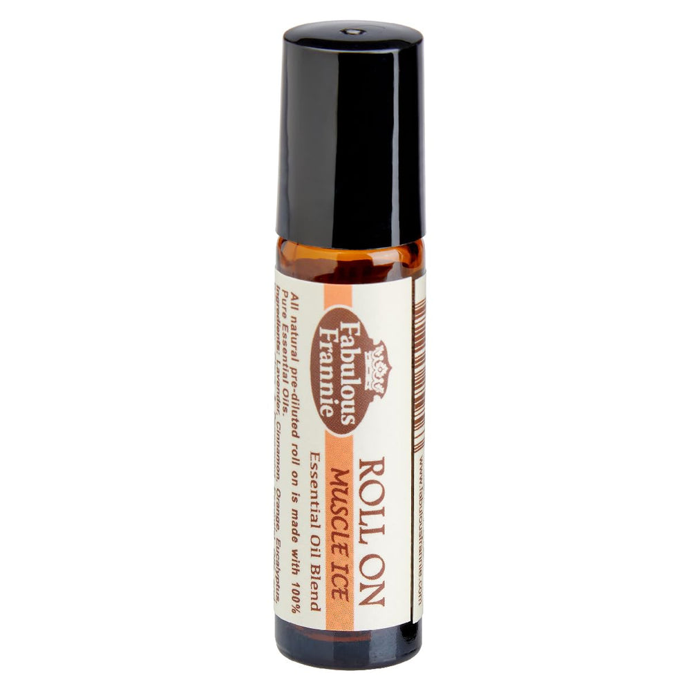 Amber glass bottle of Fabulous Frannie Muscle Ice 10ml pre-diluted essential oil roll-on
