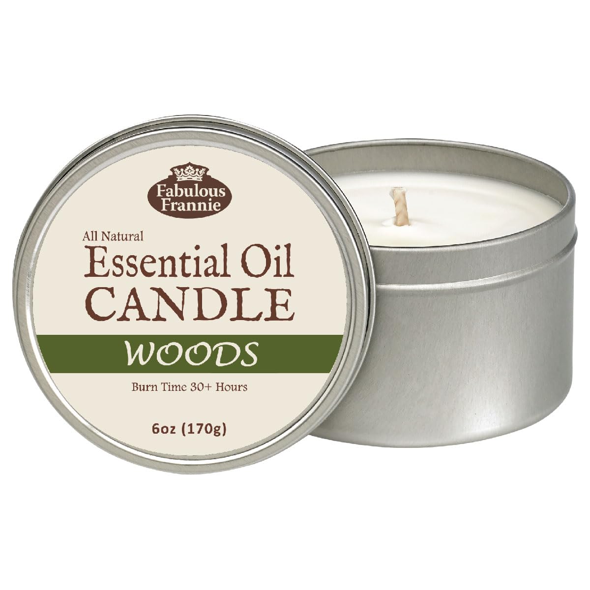 Fabulous Frannie Woods 6 oz all-natural soy candle with cedarwood, pine needle and fir needle essential oils