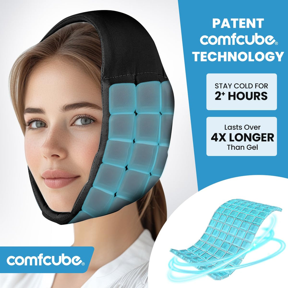 Comfortable face ice pack worn during wisdom teeth recovery