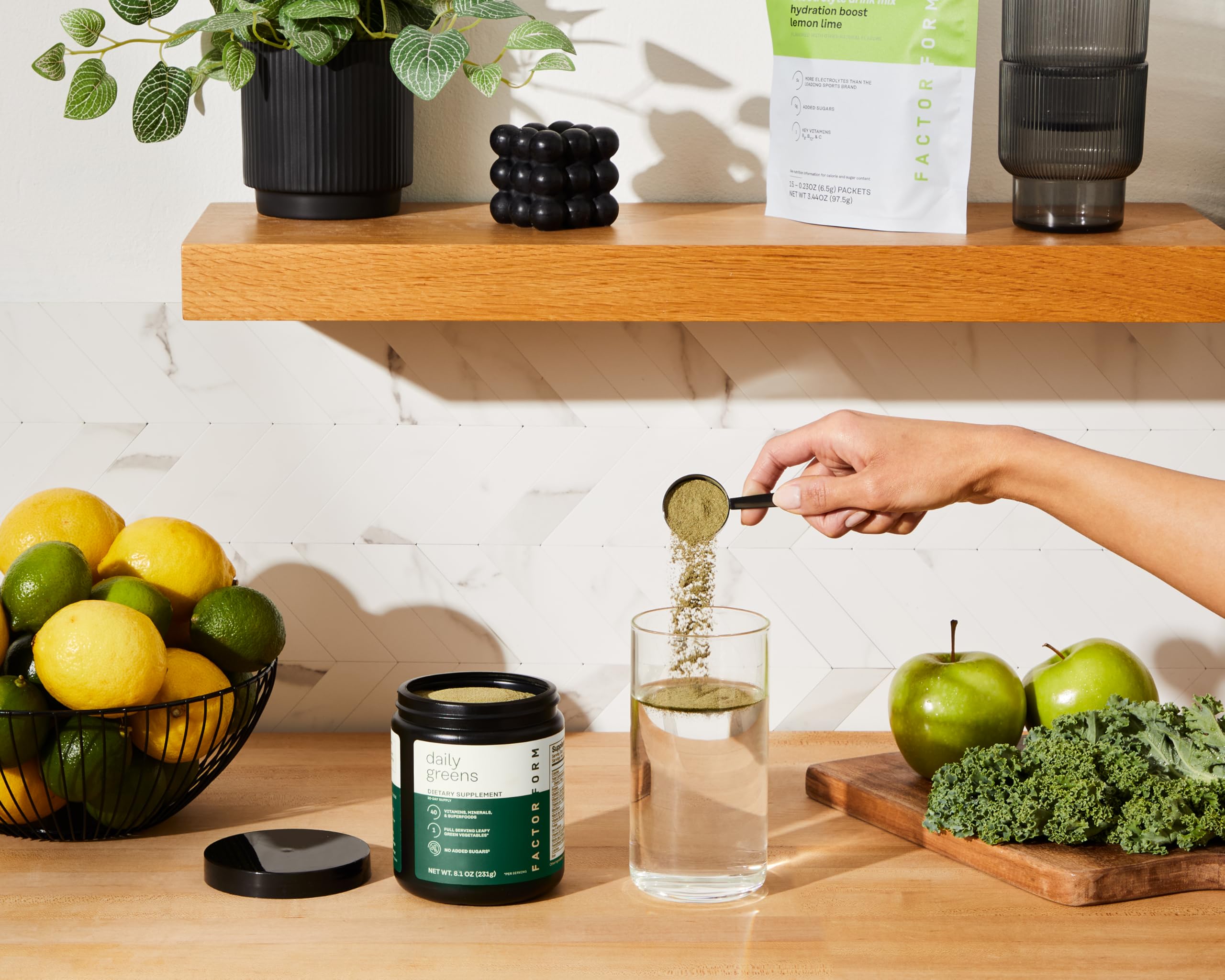 Back view of Factor Form Daily Greens jar with label