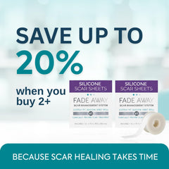 Fade Away silicone scar sheets travel-case close-up illustrates portability for skincare on the go