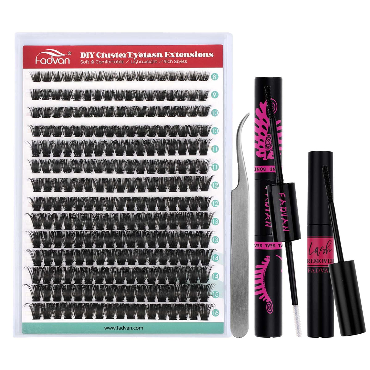 FADVAN Lash Clusters Kit 80D packaging and tools for easy DIY lash extensions.