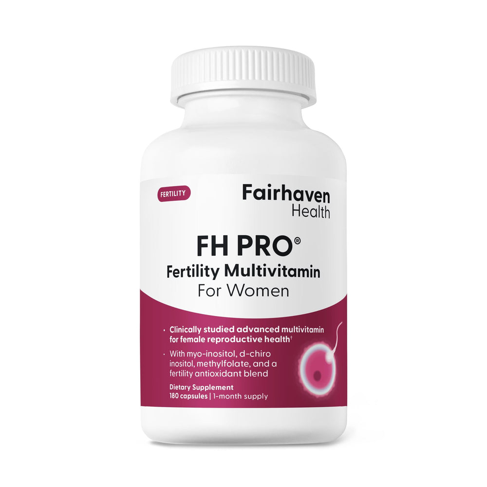 Fairhaven Health FH Pro for Women bottle close-up may support cycle regularity.