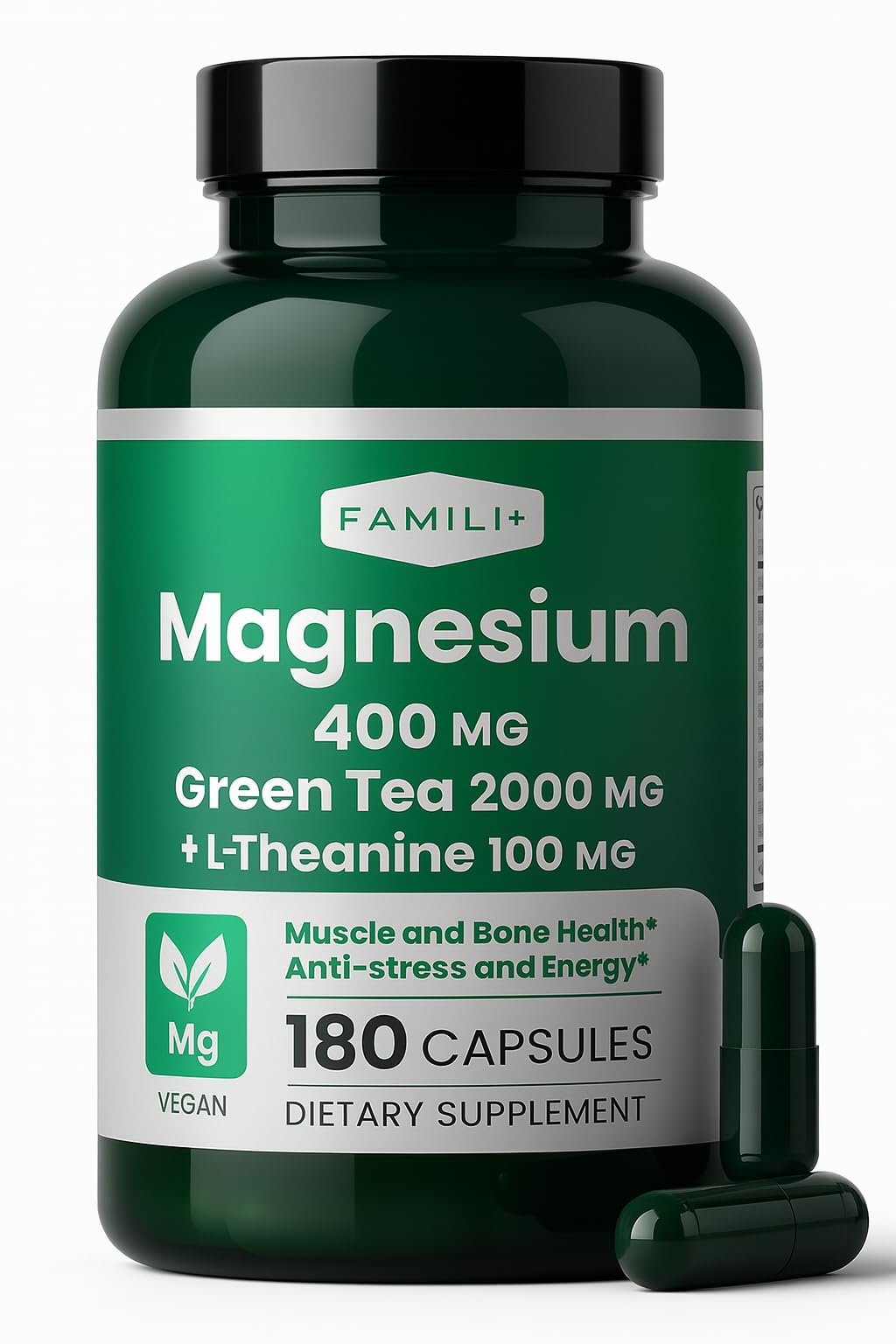 Bottle of FAMILI+ Magnesium 400mg with Green Tea Extract and L-Theanine