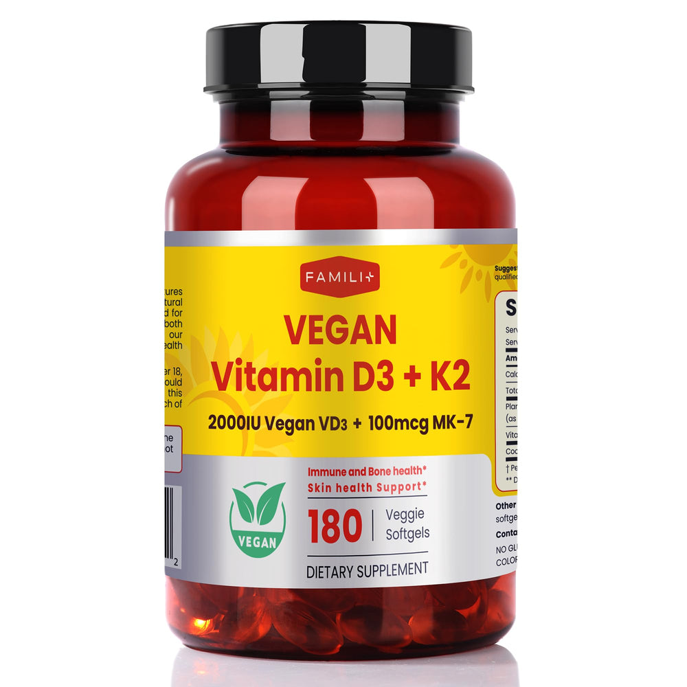 FAMILI+ vegan D3 K2 softgel bottle with 180-day supply