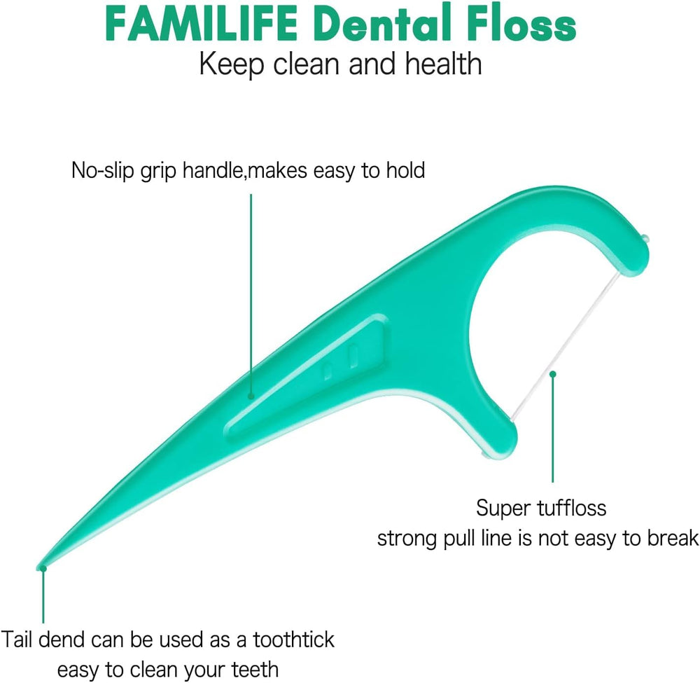 FAMILIFE floss picks removing food debris between teeth