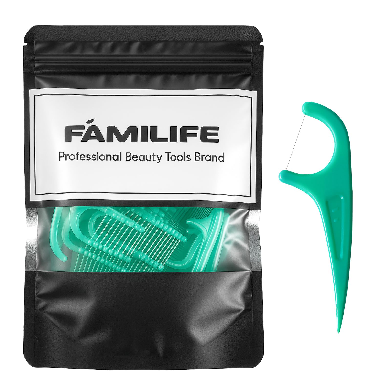 Front view of FAMILIFE Floss Picks mint flavor packaging