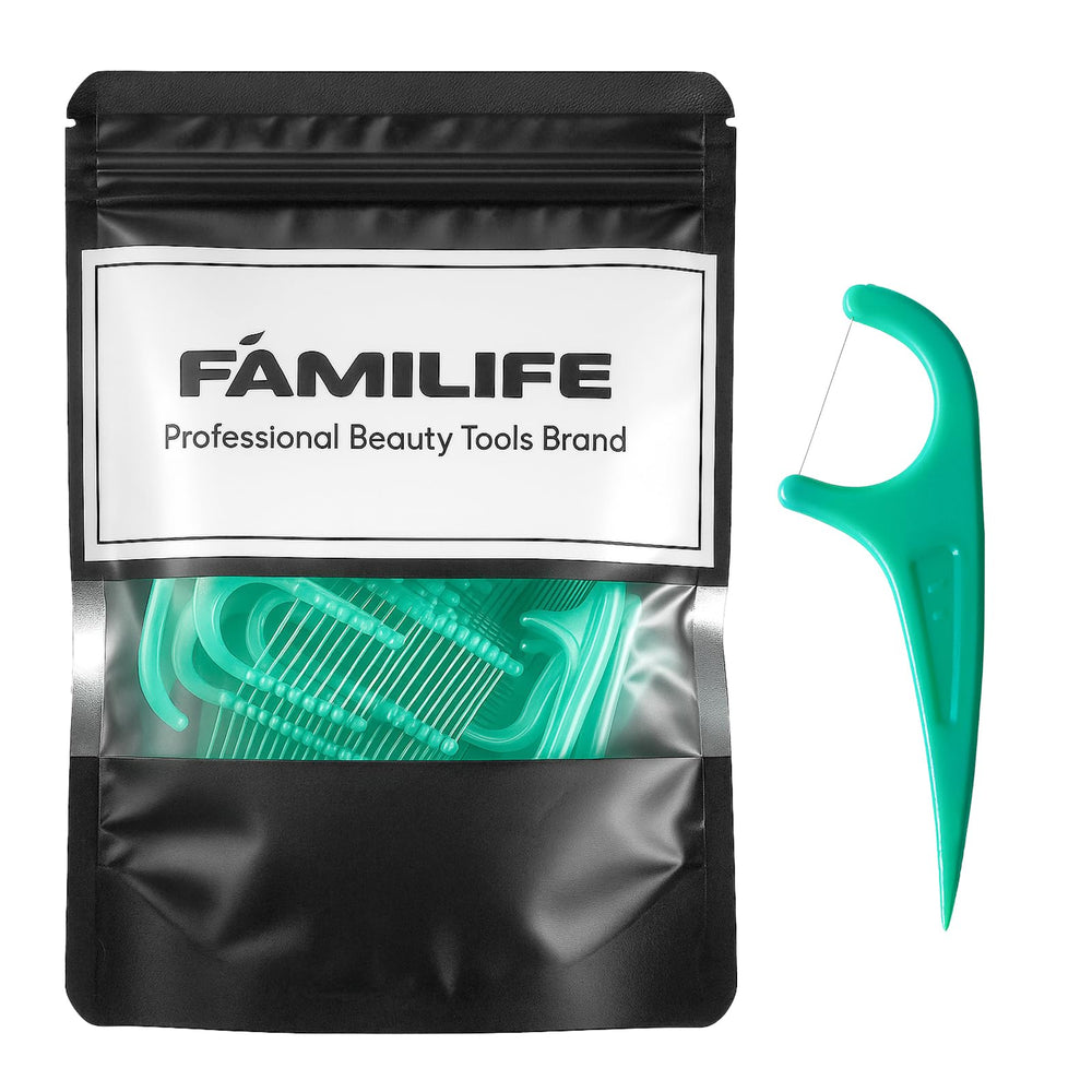 Front view of FAMILIFE Floss Picks mint flavor packaging