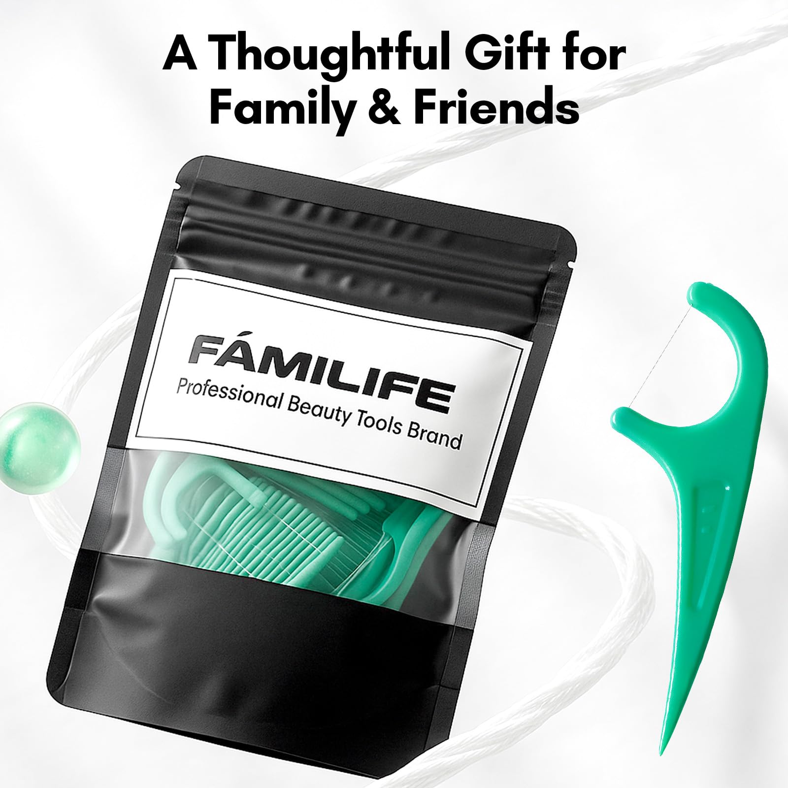 Travel-friendly mint floss picks in a zip-lock bag