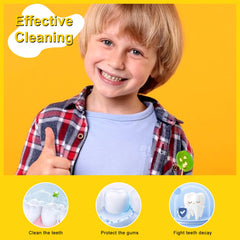 Child flossing between teeth with a floss pick