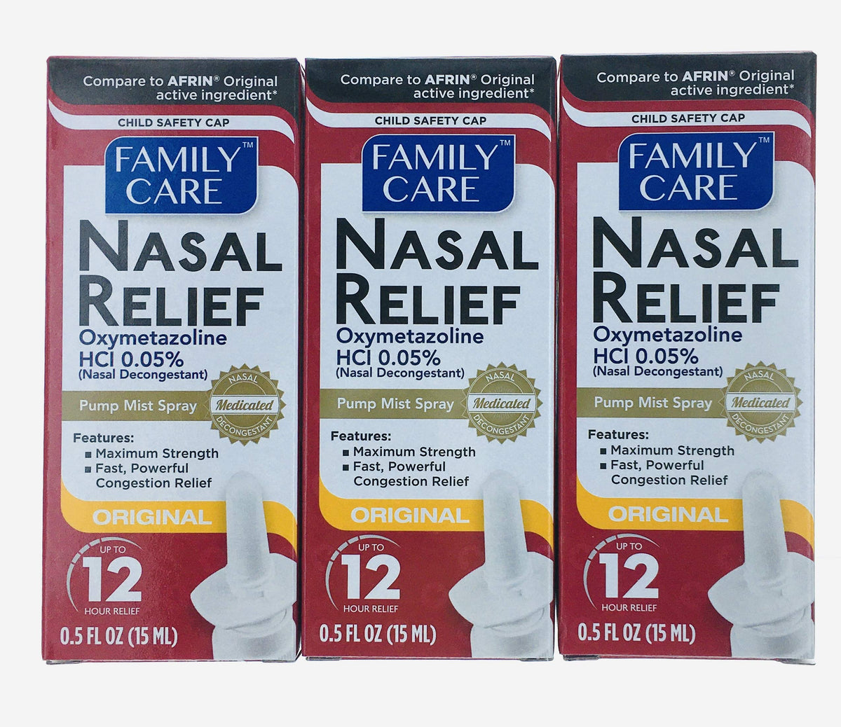 Family Care Nasal Relief Pump Mist Spray pack-3 front for quick congestion relief on the go