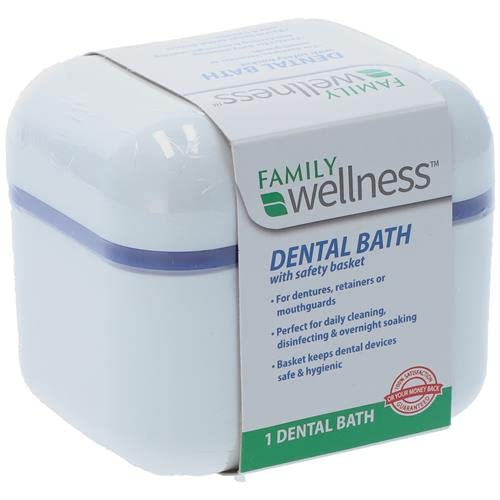 Family Wellness Dental Bath denture case with integrated strainer basket for dentures, retainers, and mouthguards