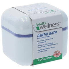Family Wellness Dental Bath denture case with integrated strainer basket for dentures, retainers, and mouthguards