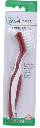 Family Wellness Denture Cleaning Brush with dual bristle heads and deep-clean pick; assorted colors