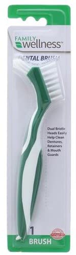 Close-up of dual bristle heads on the Family Wellness Denture Cleaning Brush