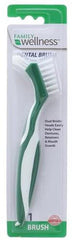 Close-up of dual bristle heads on the Family Wellness Denture Cleaning Brush