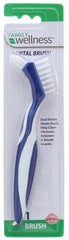 Product shot showing the large comfort grip handle of the Family Wellness Denture Cleaning Brush in assorted colors